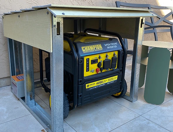 A yellow generator safely stored in a protective outdoor cover as part of our portable generator services.