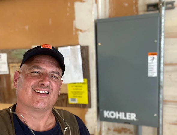 A close-up of a high-quality Kohler power box installed during a solar battery backup systems project in San Carlos.