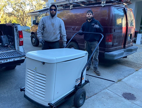 Our service van parked on a driveway while we complete a complex whole-home power integration in Hillsborough.
