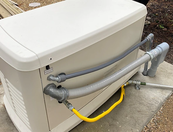 A close-up of the professional wiring and fuel lines we just serviced on a Los Altos Hills standby unit.