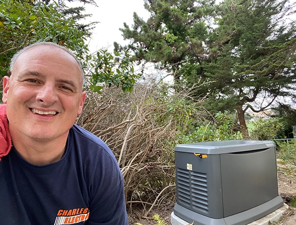 Checking the oil and fluid levels of a standby generator located on a beautiful Los Altos Hills property.