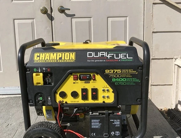 A clean Champion generator sitting in a Portola Valley garage after a full maintenance tune-up.