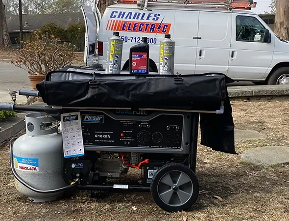 A service van parked behind a unit and fuel tank during a portable generator service visit.